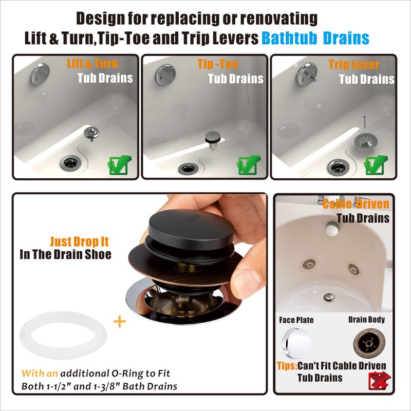 Artiwell Bronze Universal Tub Drain Tip Toe Tub Conversion Kit Assembly, Artiwell EZ Installation Bathtub Drain Replacement Trim Kit with 1-Hole Overflow Face Plate and Pop-Up Tub stopper,OIL RUBBED BRONZE - Image 2
